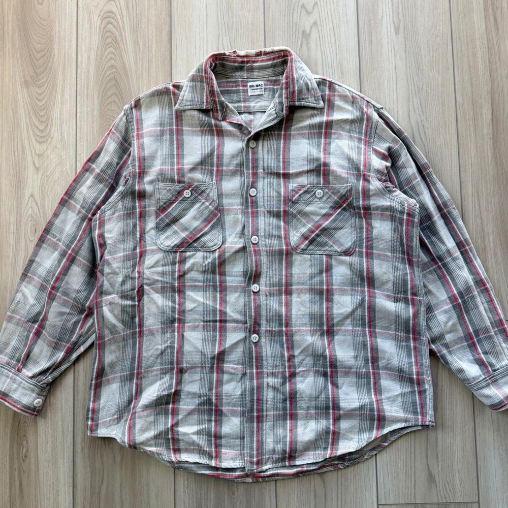 1950s-60s Big Mac Flannel Mens L Grey Red Plaid Sanforized Workwear rare tag